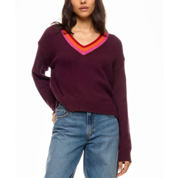 Marine Layer Burgundy Oversized Sweater LARGE V-Neck Preppy Cotton Wool $148 - Picture 1 of 11